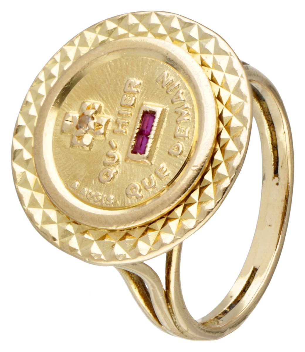 Vintage 18 kt. geelgouden "plus qu'hier, moins que demain" ring door A. Augis.