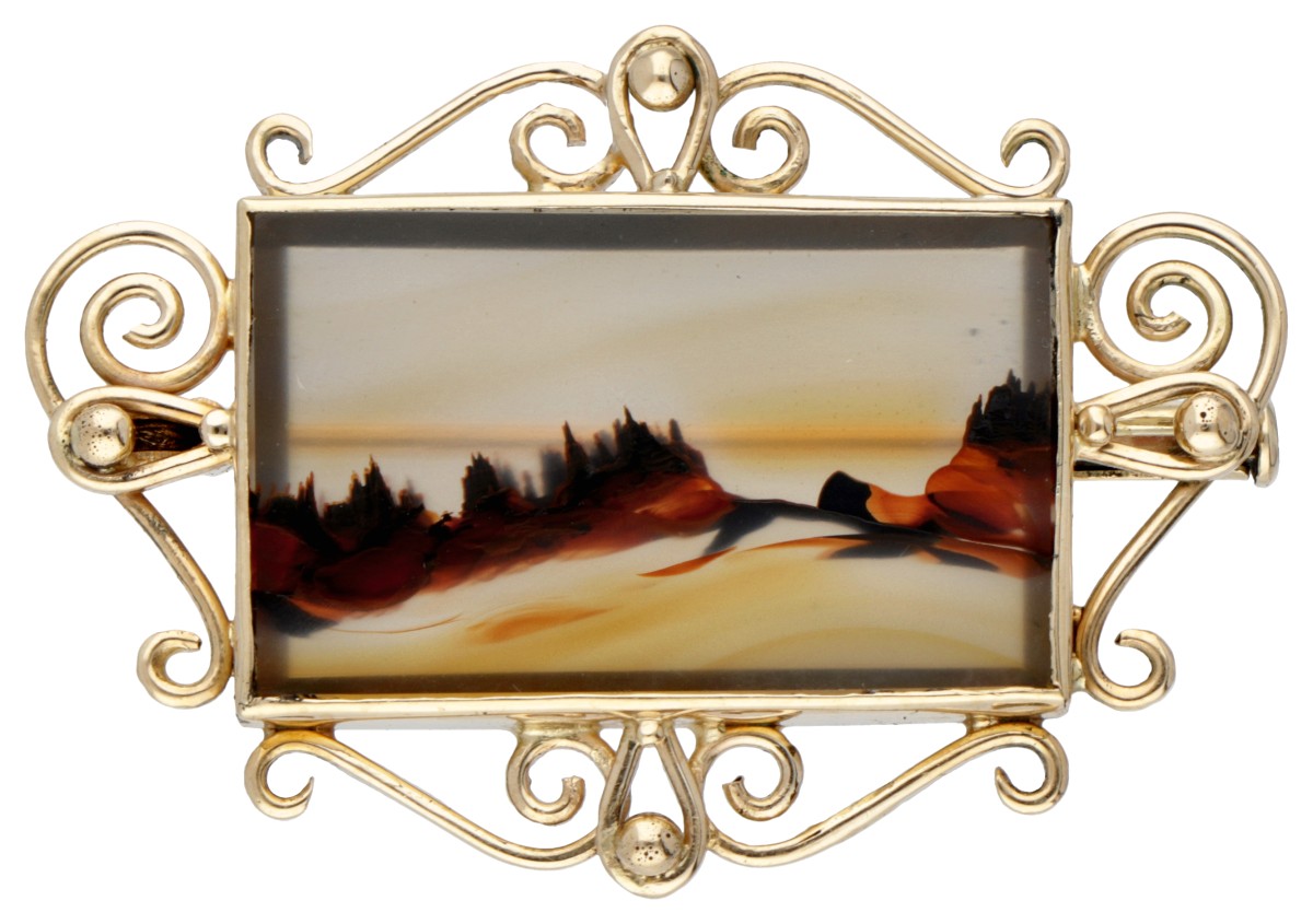 Vintage broche met landschapsagaat in een 14 kt. geelgouden montuur.