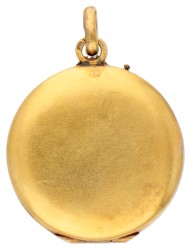 18 kt. Geelgouden antieke medaillon hanger bezet met robijn en zaadparel.