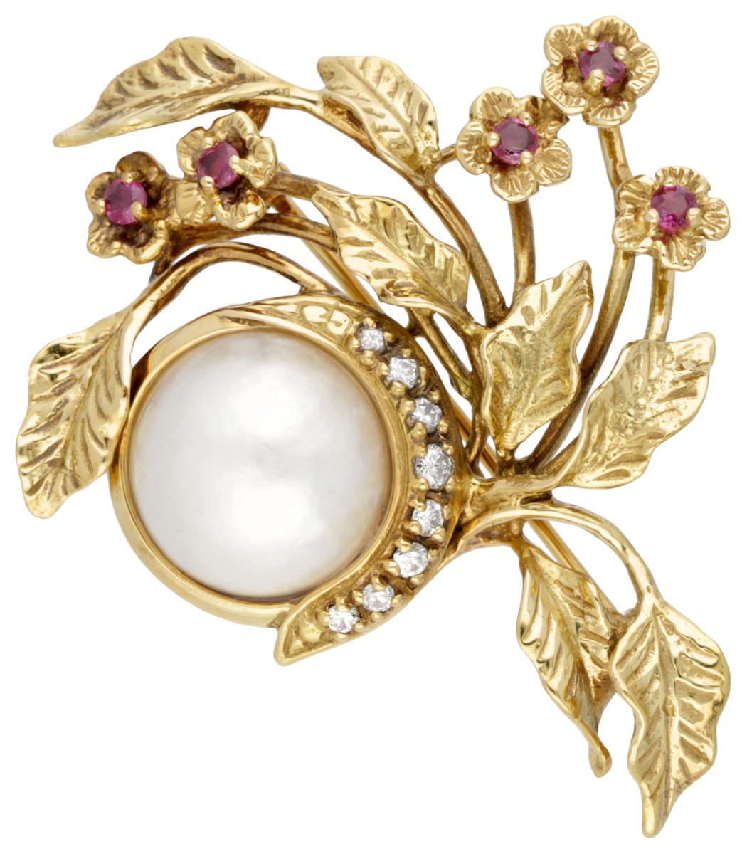 Givenchy for Franklin Mint 18 kt. geelgouden vintage broche bezet met ca. 0.10 ct. diamant, robijn en mabe parel.