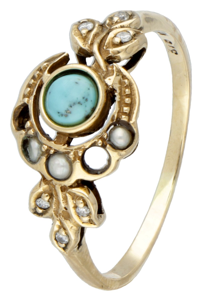 BWG 9 kt. Geelgouden vintage ring bezet met diamant, turkoois en zaadparels.