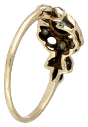 BWG 9 kt. Geelgouden vintage ring bezet met diamant, turkoois en zaadparels.