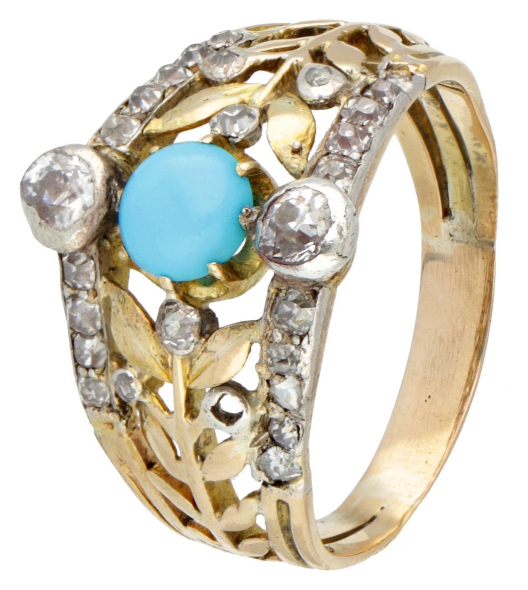 14 kt. Geelgouden vintage ring bezet met ca. 0.60 ct. diamant en blauwe steen.