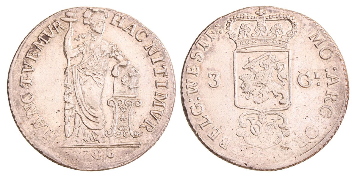 3 gulden. V.O.C. (West-Friesland). 1786. Zeer Fraai +.
