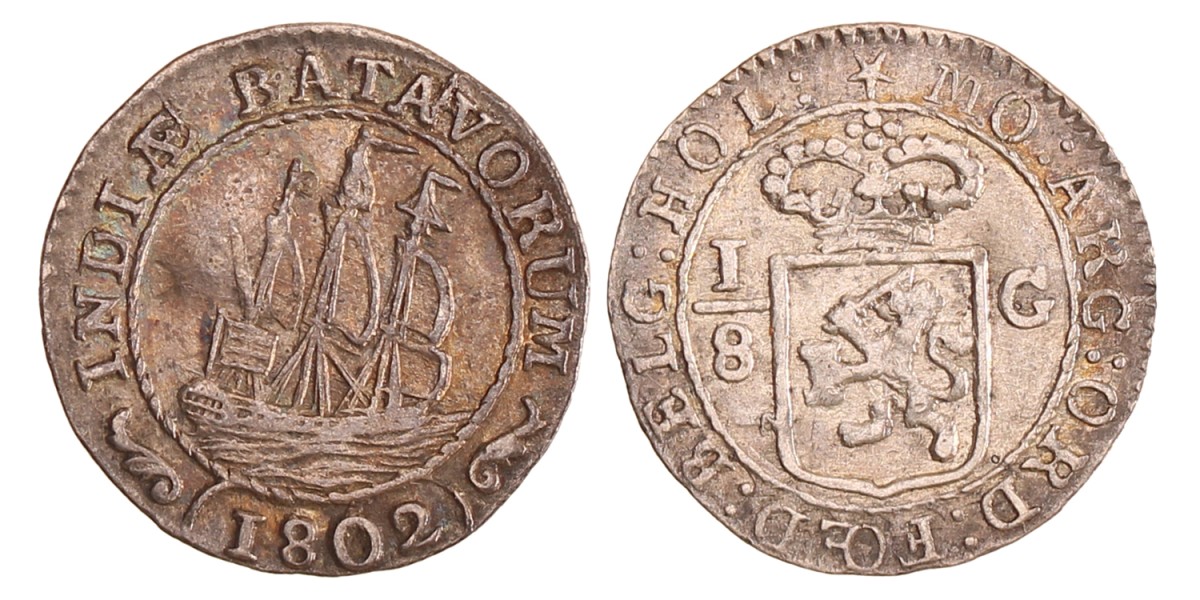 1/8 gulden. Eerste emissie. Nederlands-Indië. 1802. Zeer Fraai.