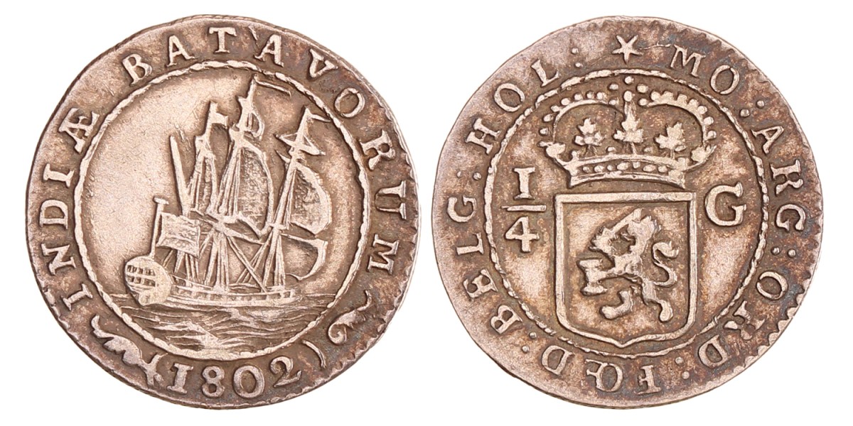 ¼ gulden. Nederlands-Indië. 1802. Zeer Fraai +.