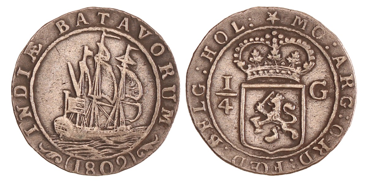 ¼ gulden. Nederlands-Indië. 1802. Zeer Fraai.