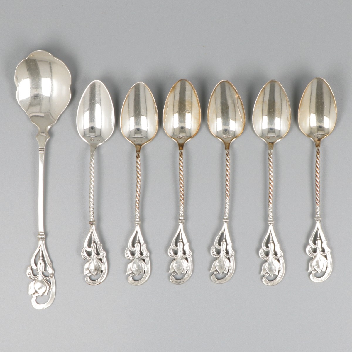 6-delige set koffielepels & suikerschep zilver.