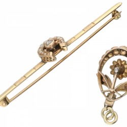 Geelgouden broche en rosegouden hanger, met roosgeslepen diamant en zaadparel - BWG 10 kt.