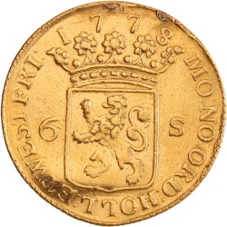 Scheepjesschelling van 6 stuivers. Afslag in goud. Holland. 1778. Fraai +.