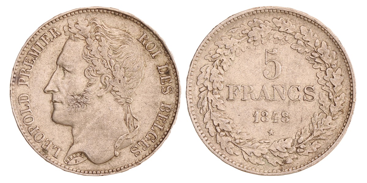Belgium. Leopold I. 5 Francs. 1848.