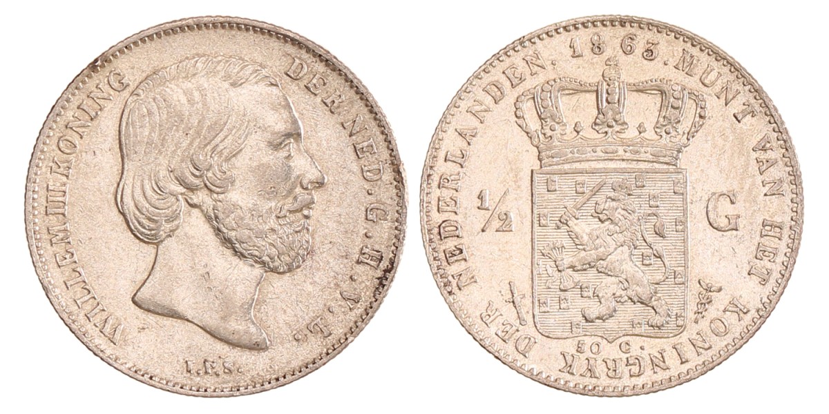 ½ gulden. Willem III. 1863. Zeer Fraai / Prachtig.