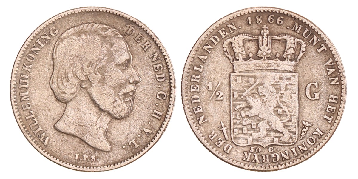 ½ gulden. Willem III. 1866/18__. Zeer Fraai -.