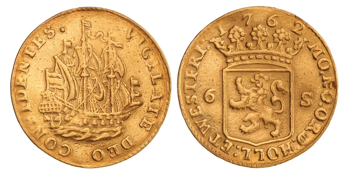Scheepjesschelling van 6 stuivers. Afslag in goud. Holland. 1762. Fraai +.