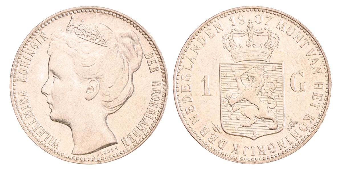 1 gulden. Wilhelmina. 1907. AU 58.
