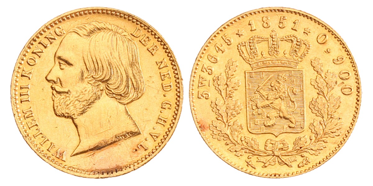 Halve gouden Willem (negotiepenning t.w.v. van 5 gulden). Willem III. 1851. Zeer Fraai / Prachtig.