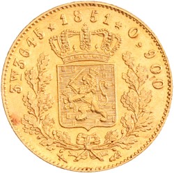 Halve gouden Willem (negotiepenning t.w.v. van 5 gulden). Willem III. 1851. Zeer Fraai / Prachtig.