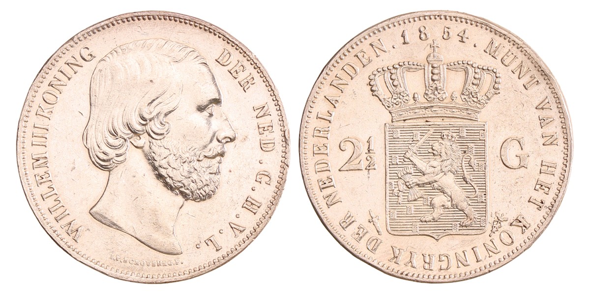 2½ gulden. Willem III. 1854. Prachtig.