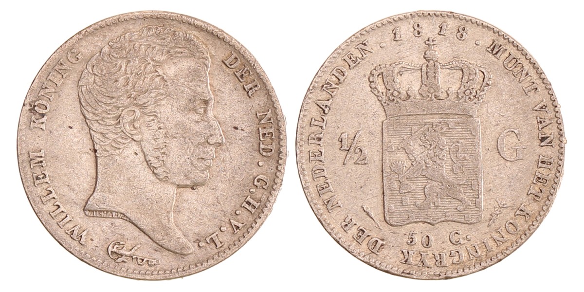 ½ gulden. Willem I. 1818 U. Zeer Fraai.
