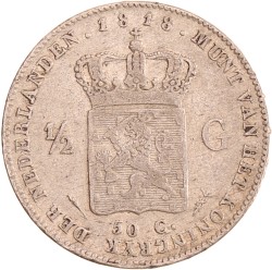 ½ gulden. Willem I. 1818 U. Zeer Fraai.