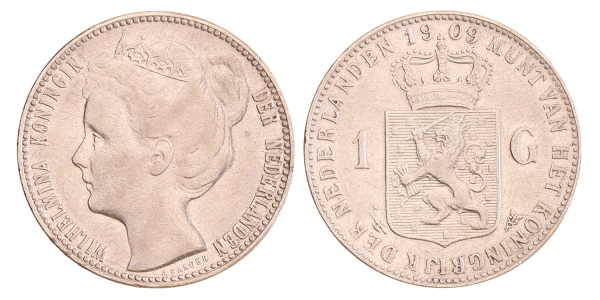 1 gulden. Wilhelmina. 1909. Zeer Fraai -.