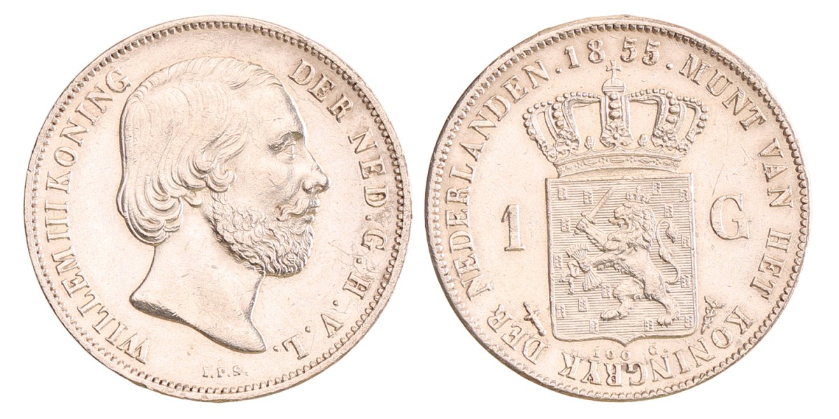 1 gulden. Willem III. 1855. AU details.
