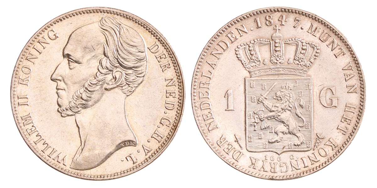 1 gulden. Willem II. 1847. AU details.