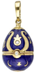 18 kt. Geelgouden Fabergé ei hanger met muzieknoot (gelimiteerde editie 139/300), bezet met diamant en blauwe emaille.