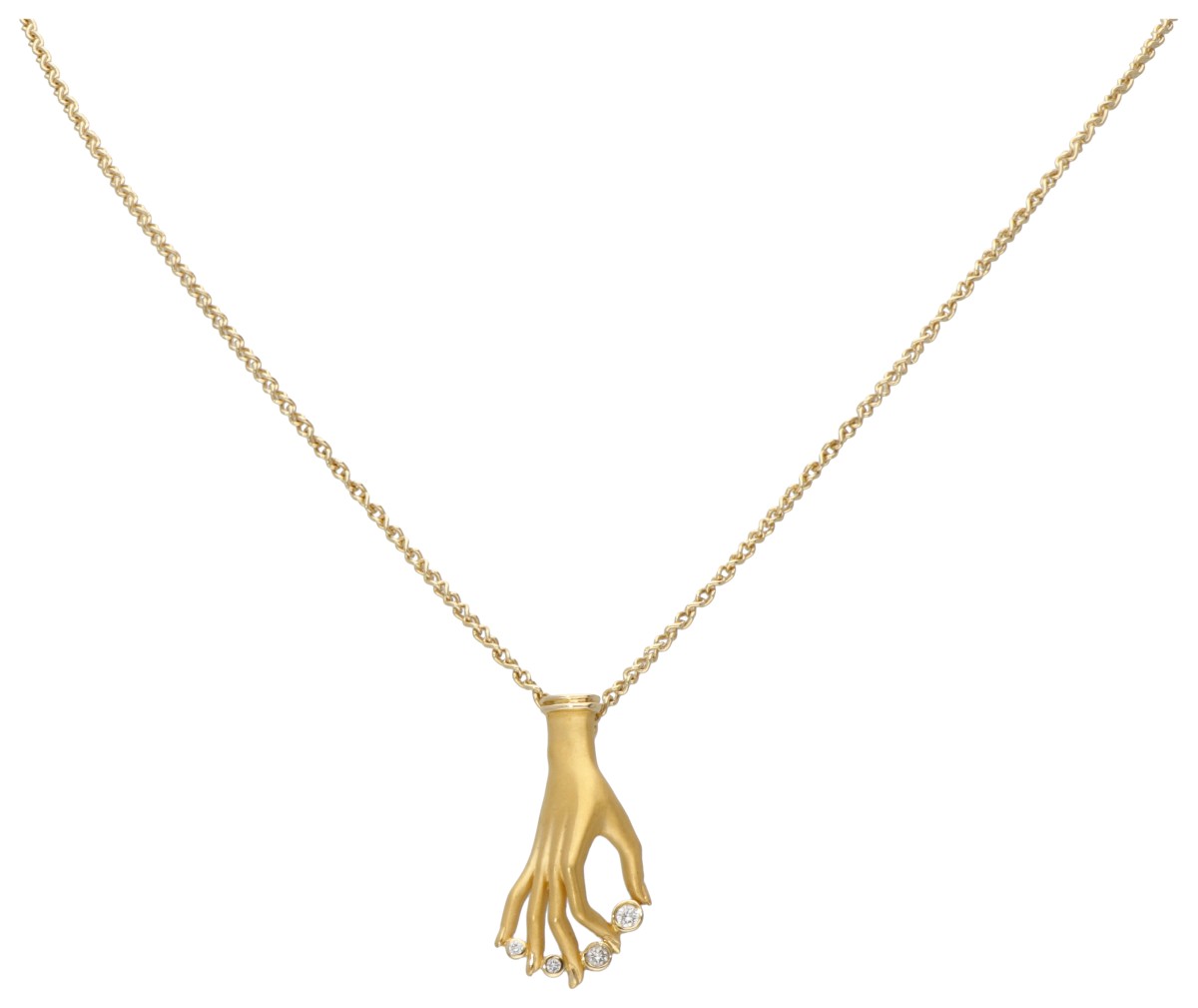 18 kt. Geelgouden Carrera y Carrera 'Las Manos' collier met hanger bezet met ca. 0.06 ct. diamant.