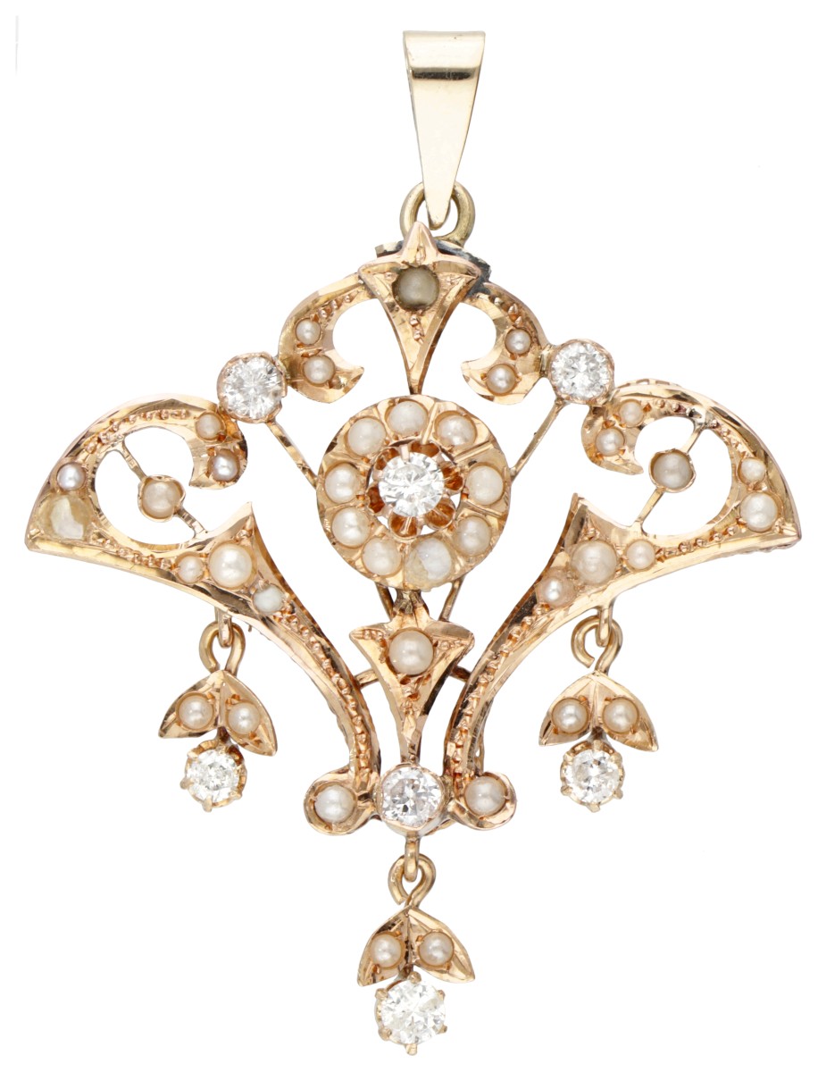 Antieke 14 kt. roségouden hanger bezet met ca. 0.45 ct. diamant en zaadparels.