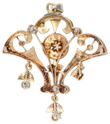 Antieke 14 kt. roségouden hanger bezet met ca. 0.45 ct. diamant en zaadparels.