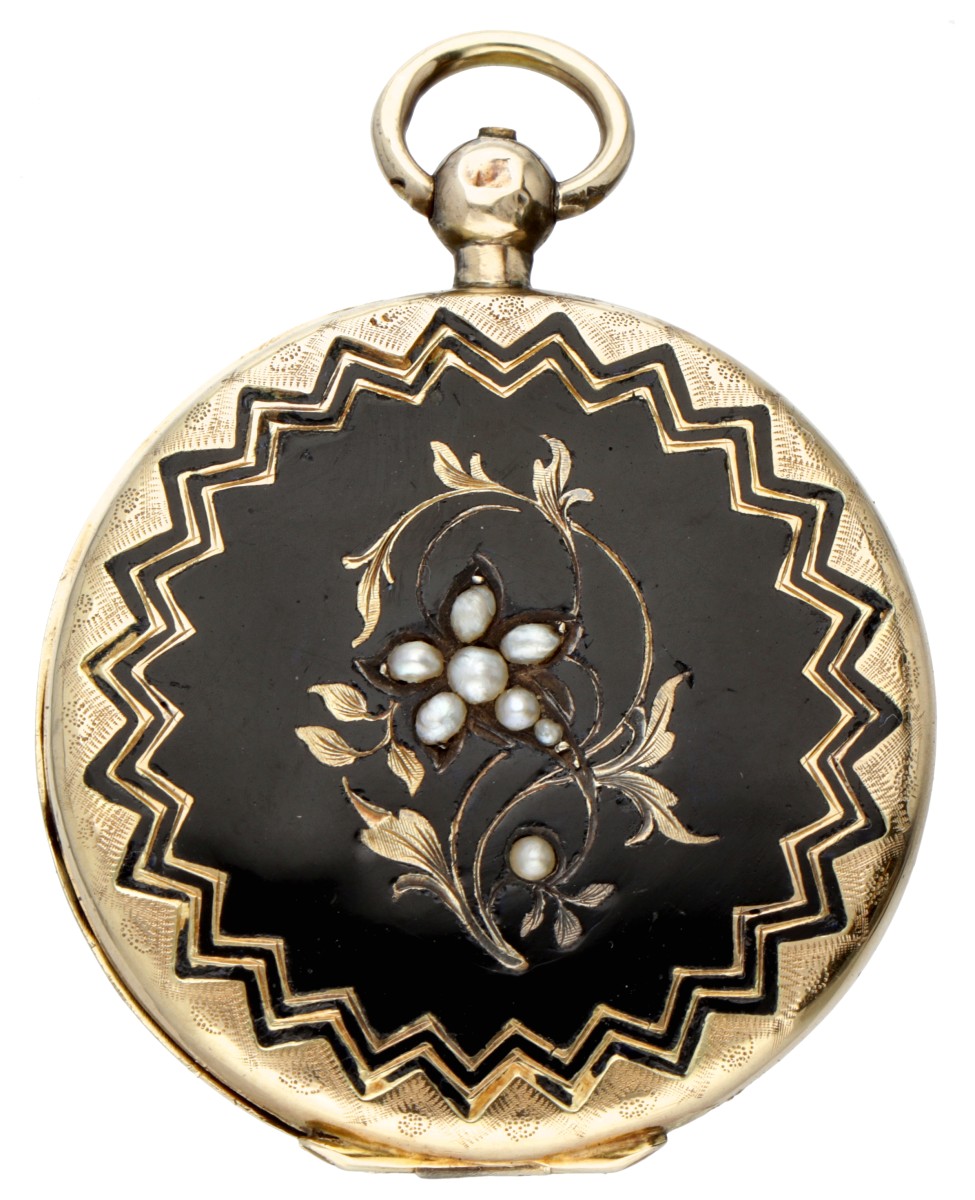 Vintage 14 kt. geelgouden medaillon hanger bezet met zaadparel en zwarte emaille.