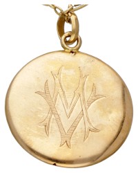 18 kt. Geelgouden art nouveau collier en 14 kt. hanger met negligée gravering en monogram.