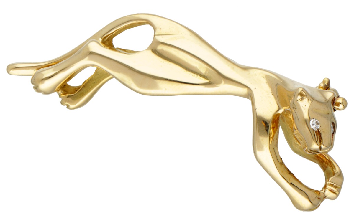 18 kt. Geelgouden liggende panter broche bezet met diamant.