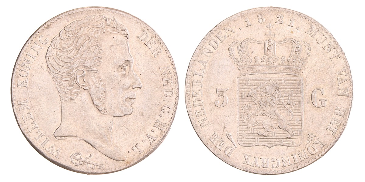 3 gulden zonder volledige naam van Michaut. Willem I. 1821 U. Zeer Fraai / Prachtig.