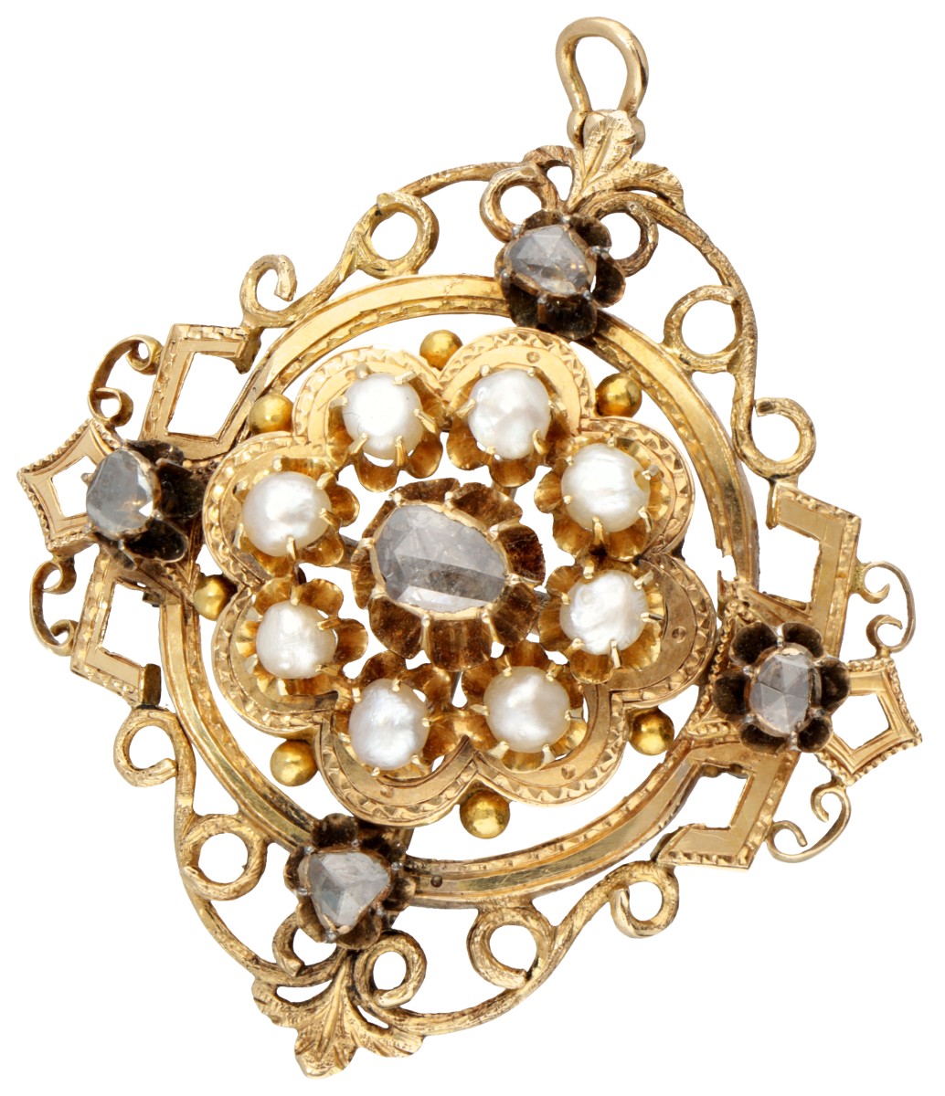 Antieke 14K geelgouden hanger / broche bezet met diamant en barokke parels.