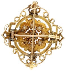 Antieke 14K geelgouden hanger / broche bezet met diamant en barokke parels.