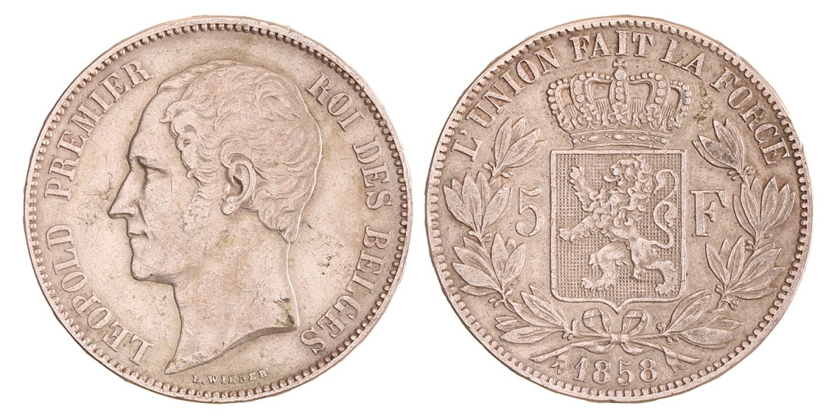 Belgium. Leopold I. 5 Francs. 1858.