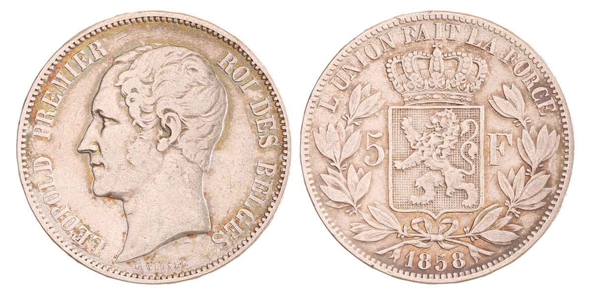 Belgium. Leopold I. 5 Francs. 1858.