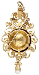 Vintage 18 kt. geelgouden broche / hanger met emaille, robijn en parel.