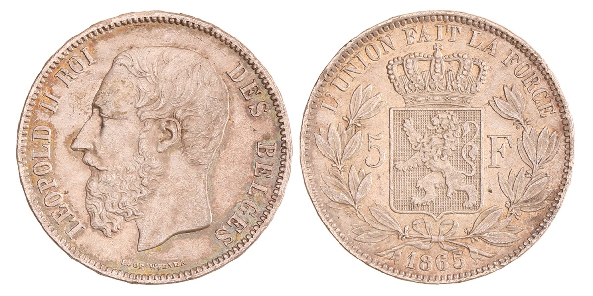 Belgium. Leopold II. 5 Francs. 1865.