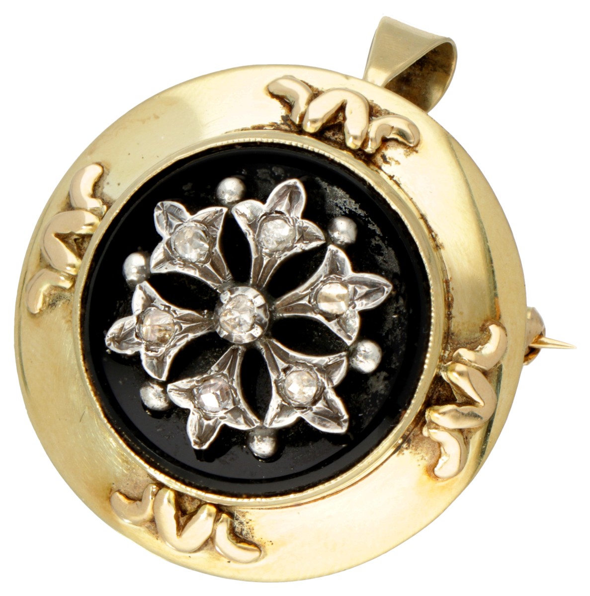 Antieke 14 kt. geelgouden broche / hanger bezet met diamant in zilver gezet op onyx.