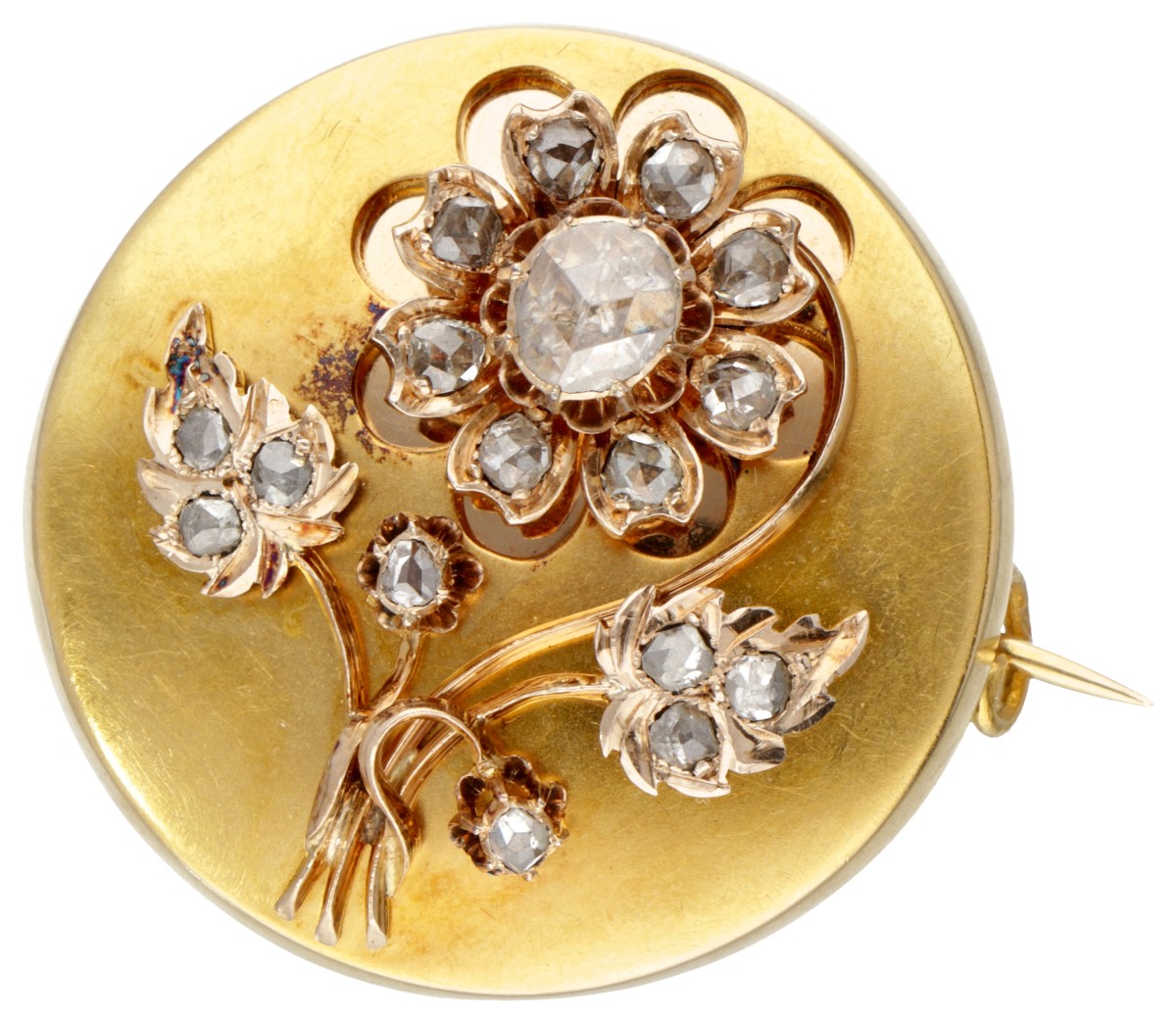 Antieke 14 kt. geelgouden broche met een bloem bezet met diamant.