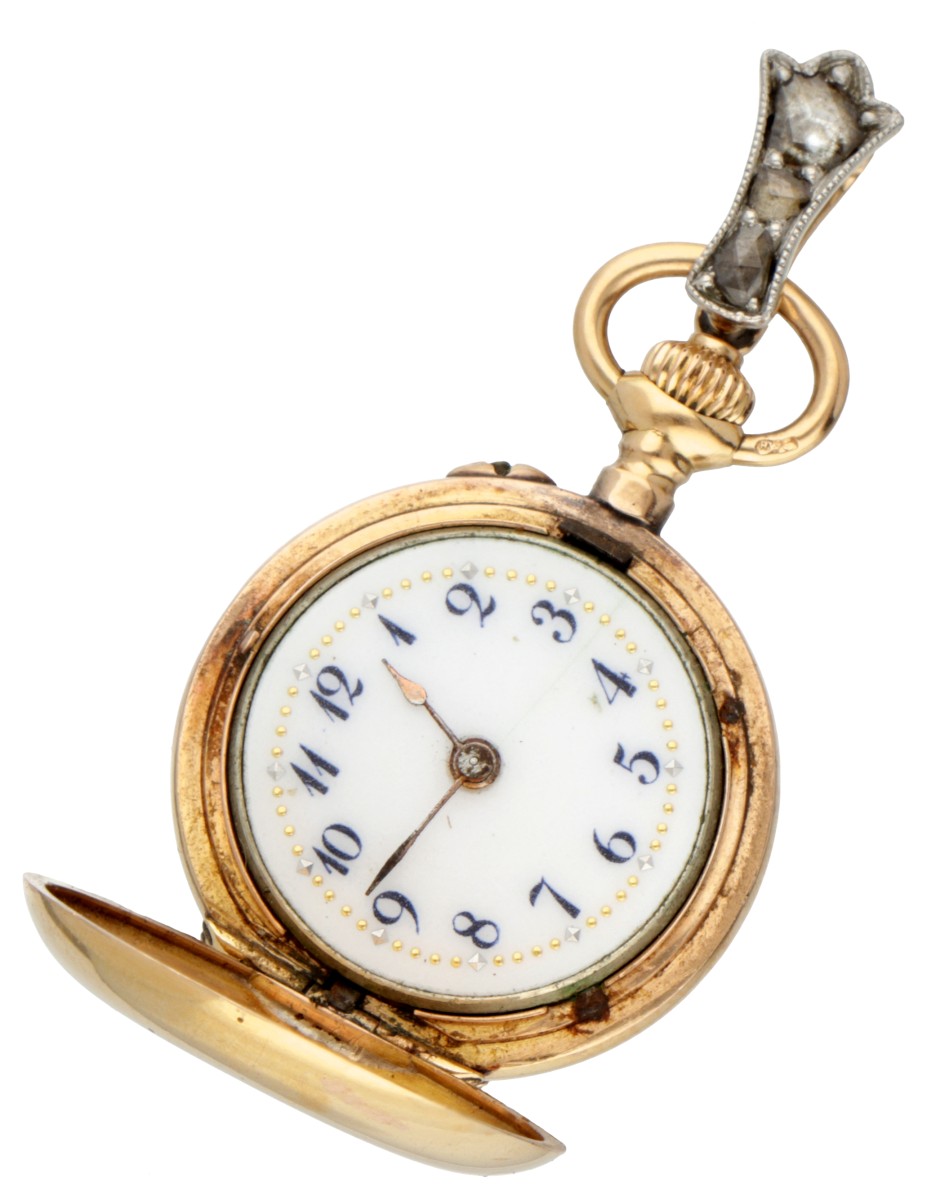 Antieke 18K geelgouden dames zakhorloge, draagbaar als sieraad.