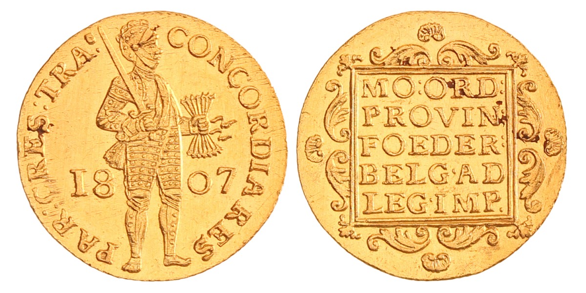Gouden dukaat. Utrecht. Lodewijk Napoleon. 1807 met rechte 7. UNC details.