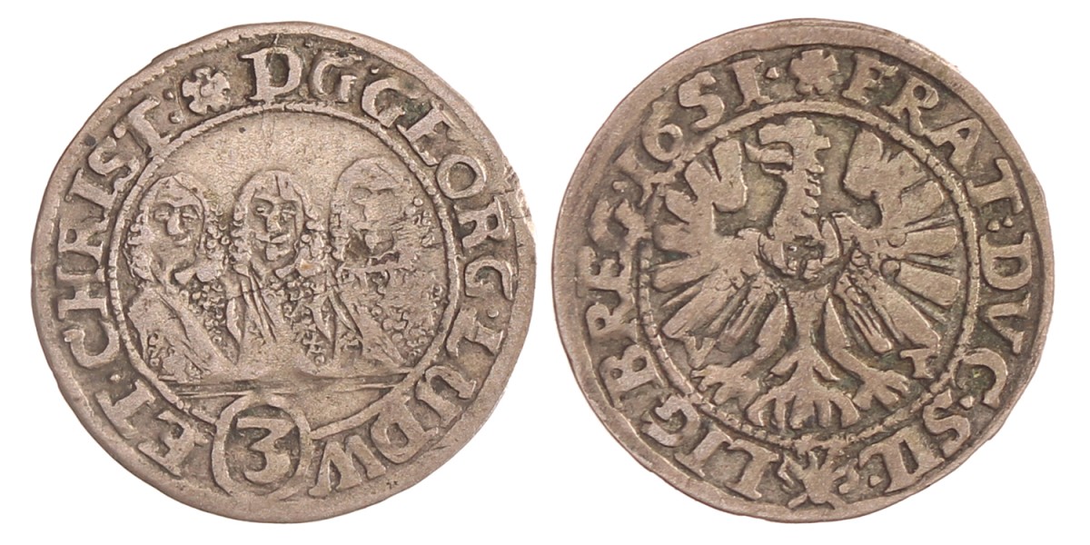 Silesia. Duchy of Liegnitz-Brieg-Wohlau. Georg III, Ludwig IV and Christian. 3 Kreuzer. 1651.