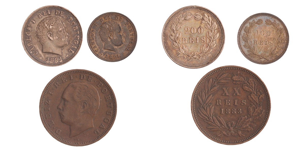 Portugal. Luiz I and Carlos I. 200, 100 and 20 Reis. 1883 and 1891.