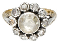 Vintage 14 kt. geelgouden rozet ring in Georgische stijl bezet met diamant in zilver.