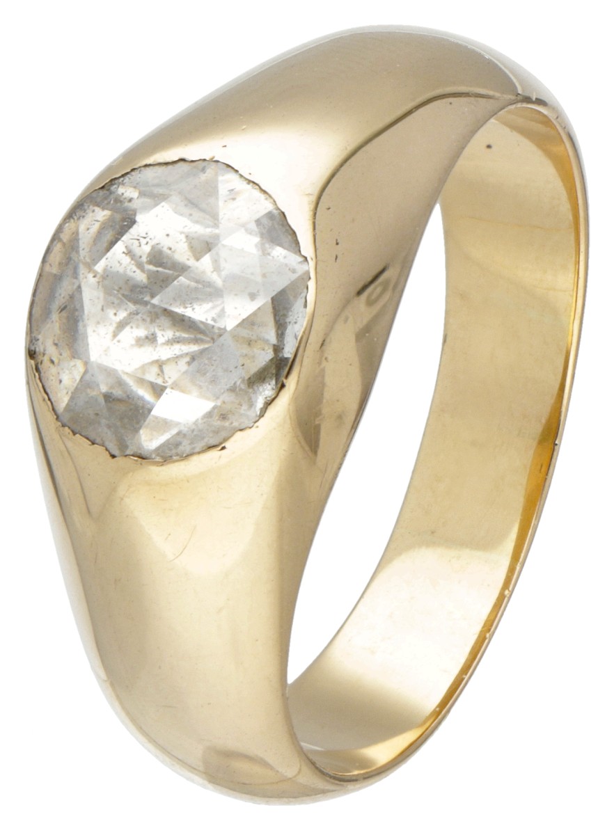 14 kt. Geelgouden antieke stirrup ring bezet met een roos geslepen diamant.