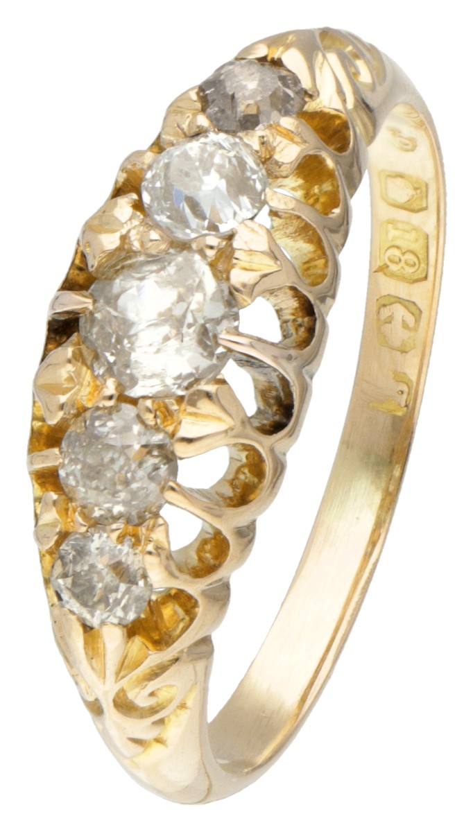 Antieke 18 kt. geelgouden Engelse 5-steens ring bezet met ca. 0.56 ct. diamant.
